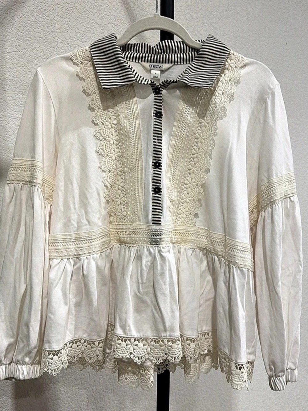 maeve Lace-Trim Corsetted Long-Sleeve Rugby Top White & Black XL